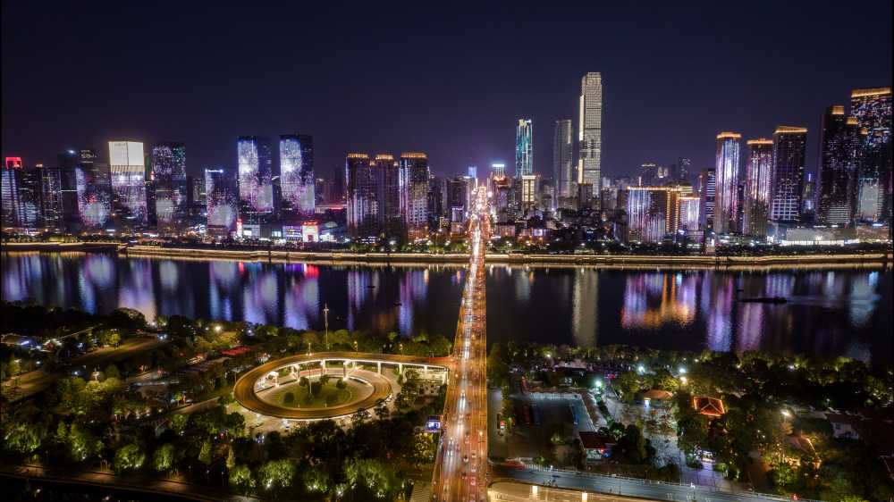 长沙橘子洲头城市夜景航拍