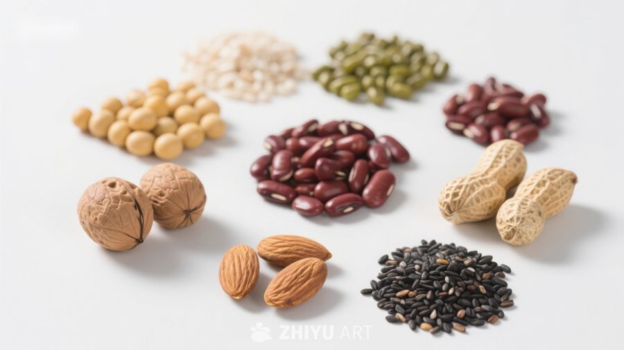多种坚果与豆类的组合展示