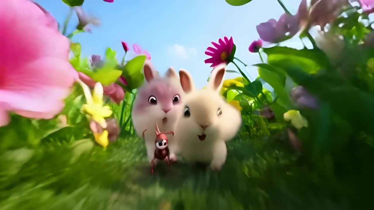 两只兔子和一只蚂蚁在花园里移动，花园里有绿色的草地