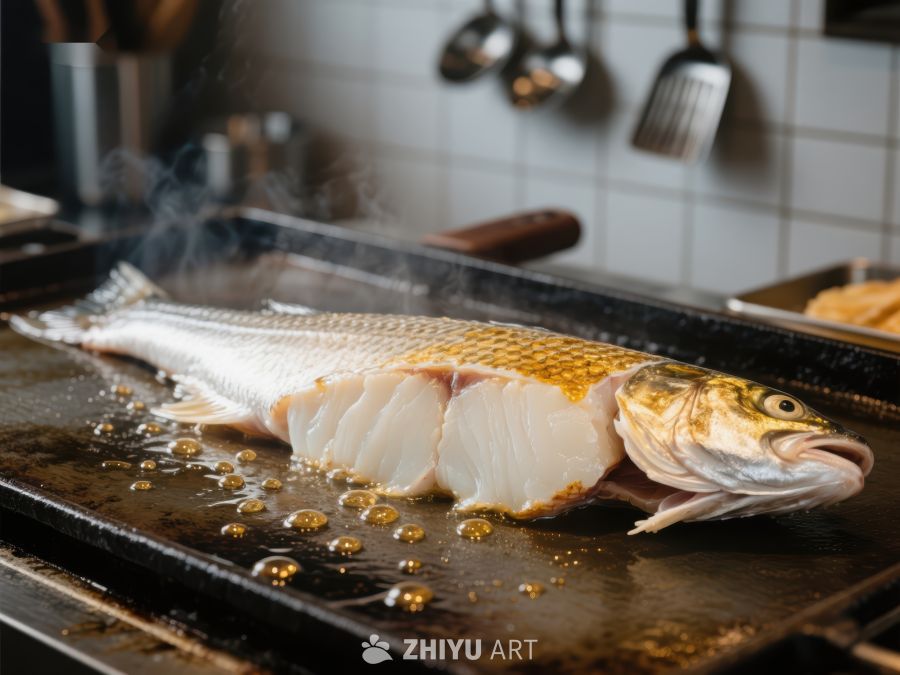 煎锅上的新鲜鱼正在烹饪