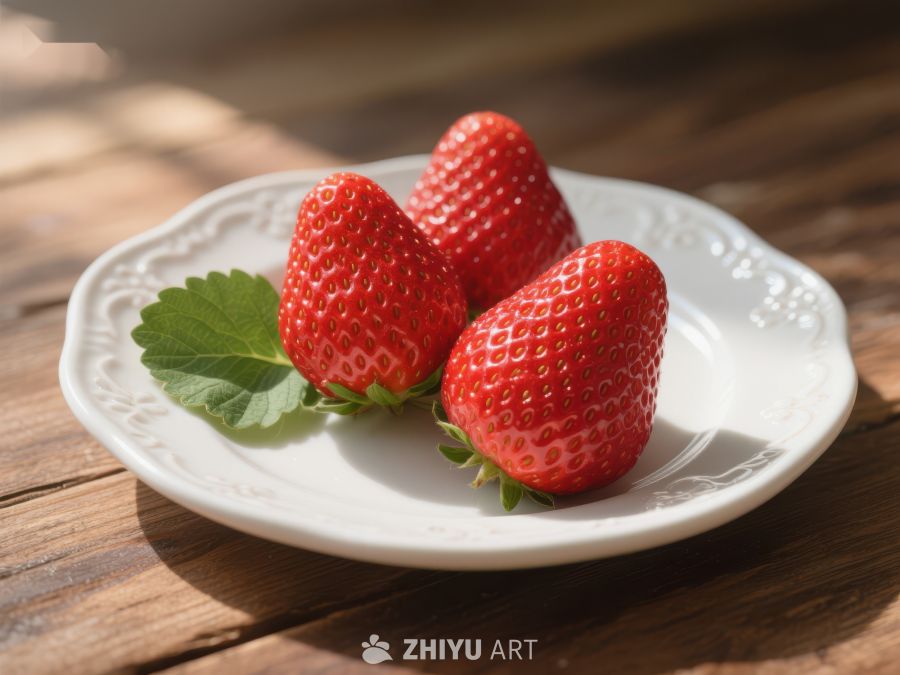 新鲜草莓置于白色瓷盘 536