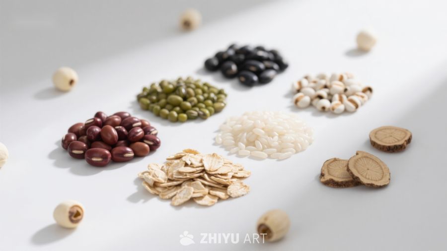 多种谷物与药材的静物展示