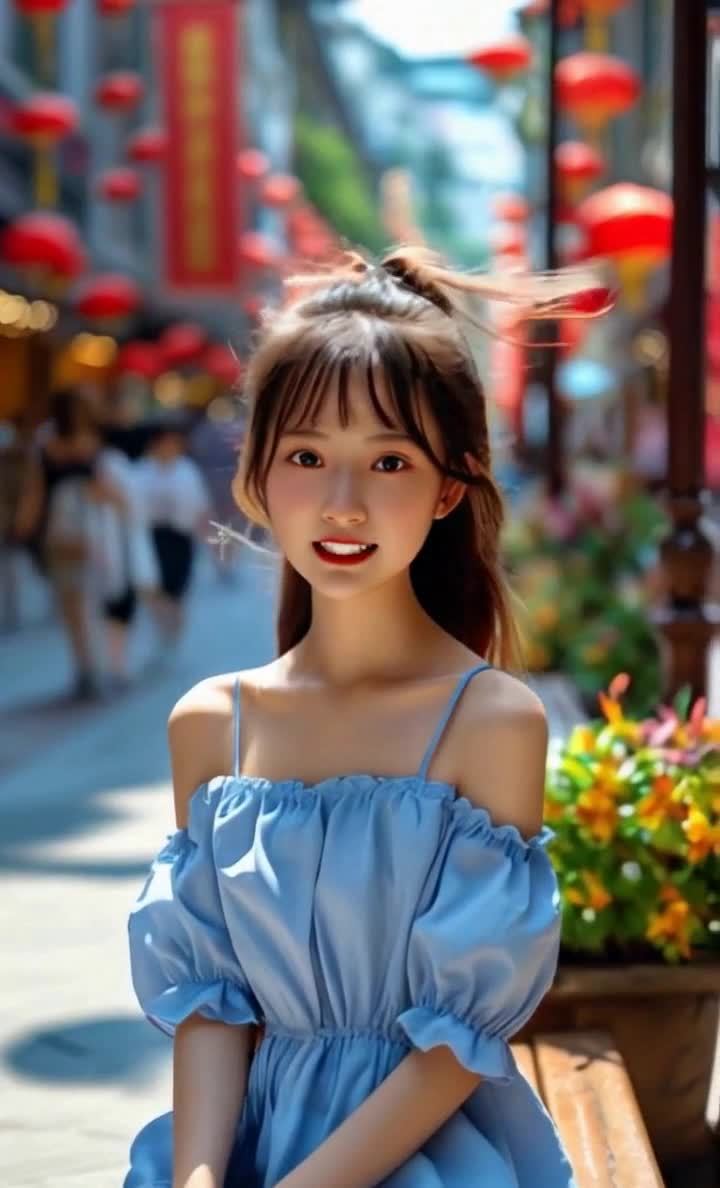 一位年轻女子站在一条装饰着红色灯笼的街道上。她穿着