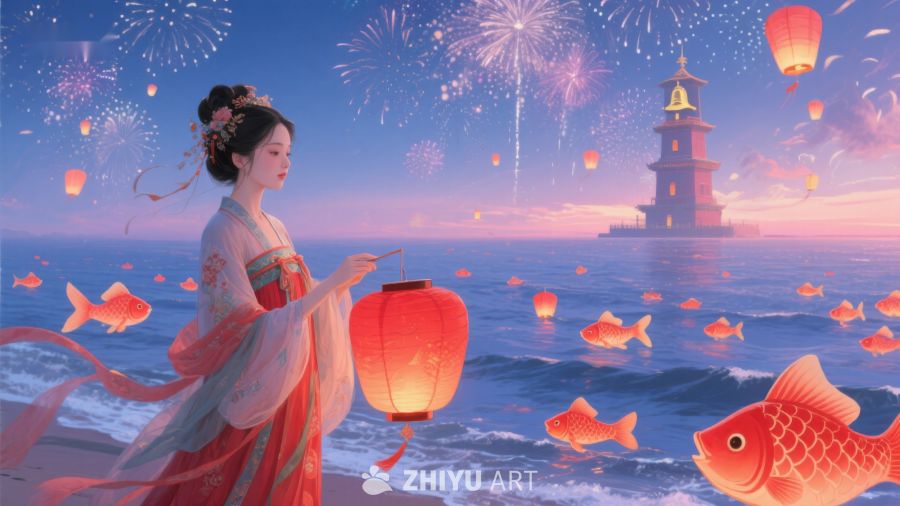 古风女子海边放灯，烟花璀璨映塔楼 228