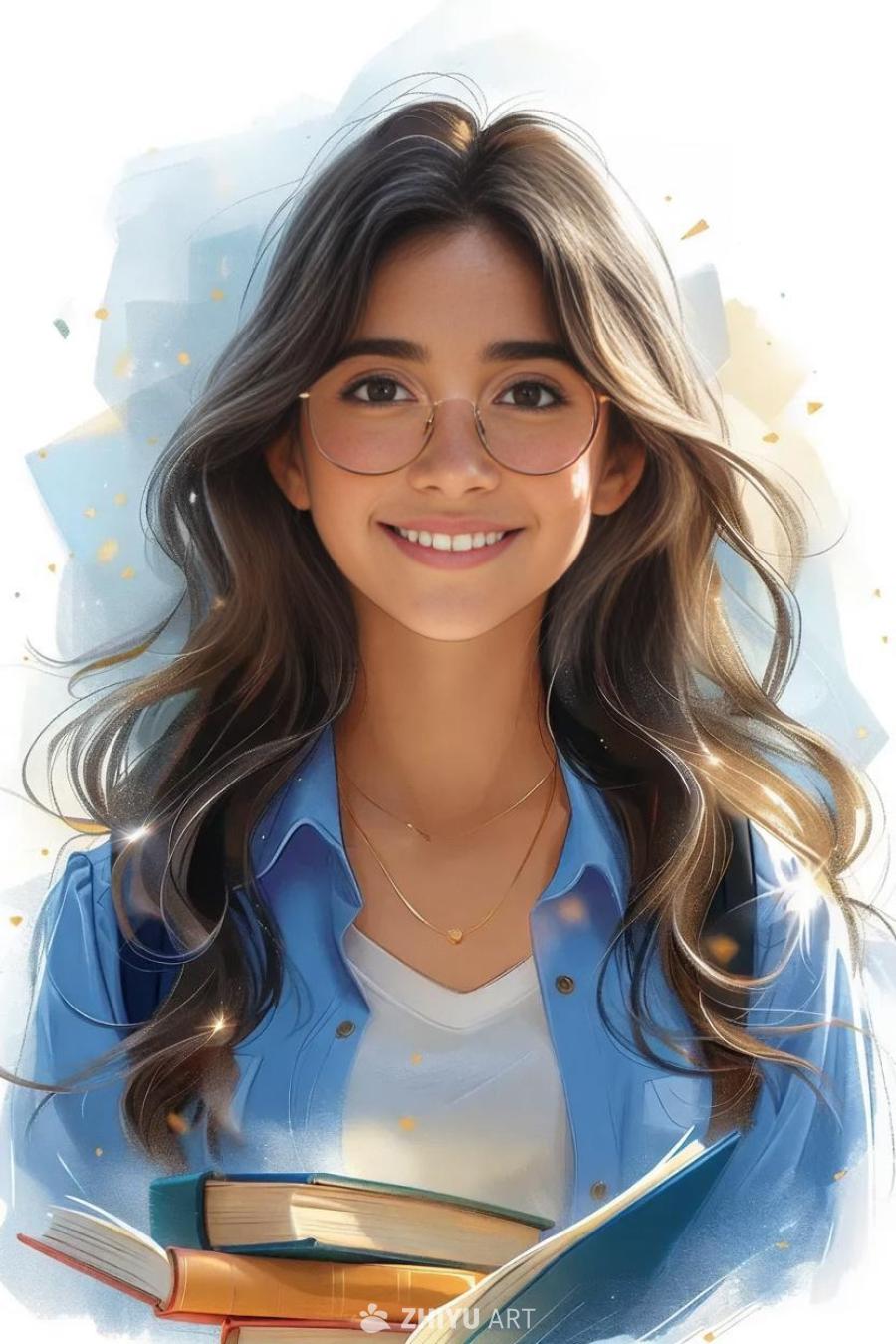 一位年轻女大学生，以绘画风格呈现，背景透明。她面带