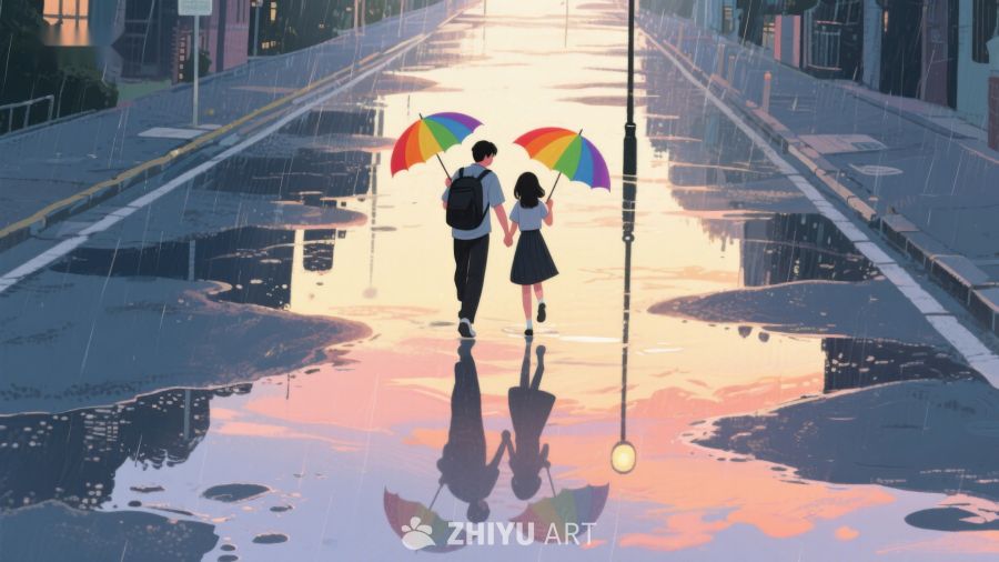 雨中漫步的彩虹伞情侣 626