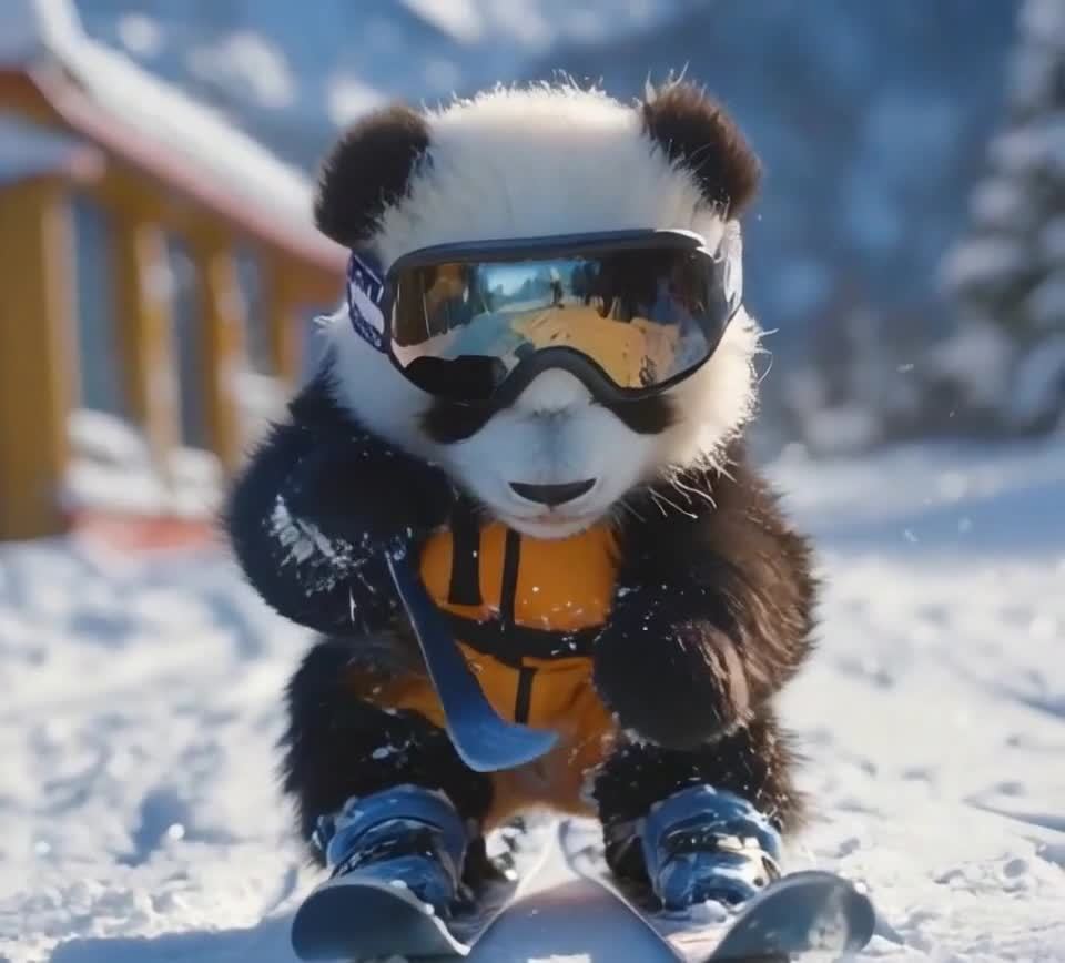 雪地上，一只穿着橙色滑雪服和蓝色滑雪鞋的熊猫幼崽正