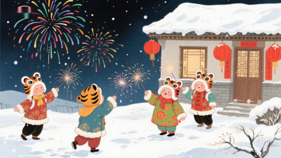 雪夜烟花下的虎年儿童欢庆 1088
