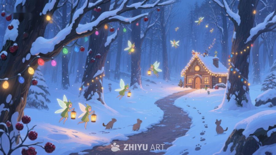 冬夜森林小屋与精灵 53