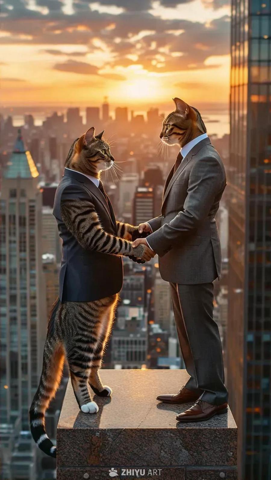 两只穿着西装的猫站在摩天大楼顶层，它们正在握手。背