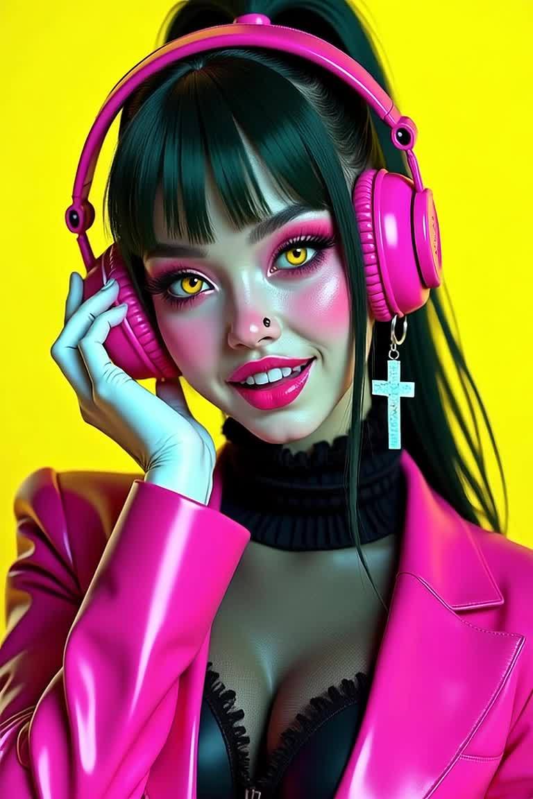 一个年轻女子，佩戴着粉色的头戴式耳机，耳机上挂着十