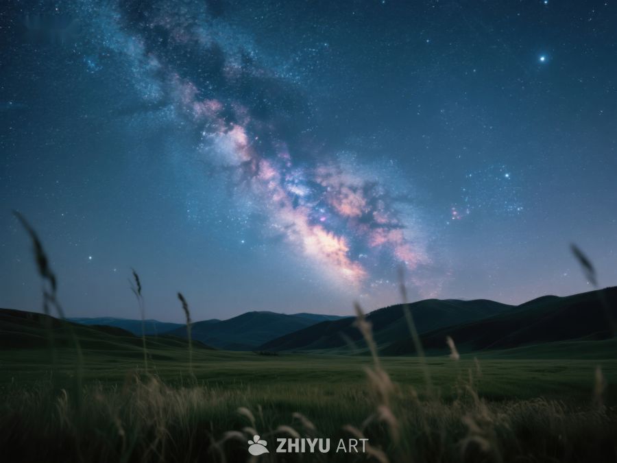 银河横跨夜空，草原静谧如梦 523