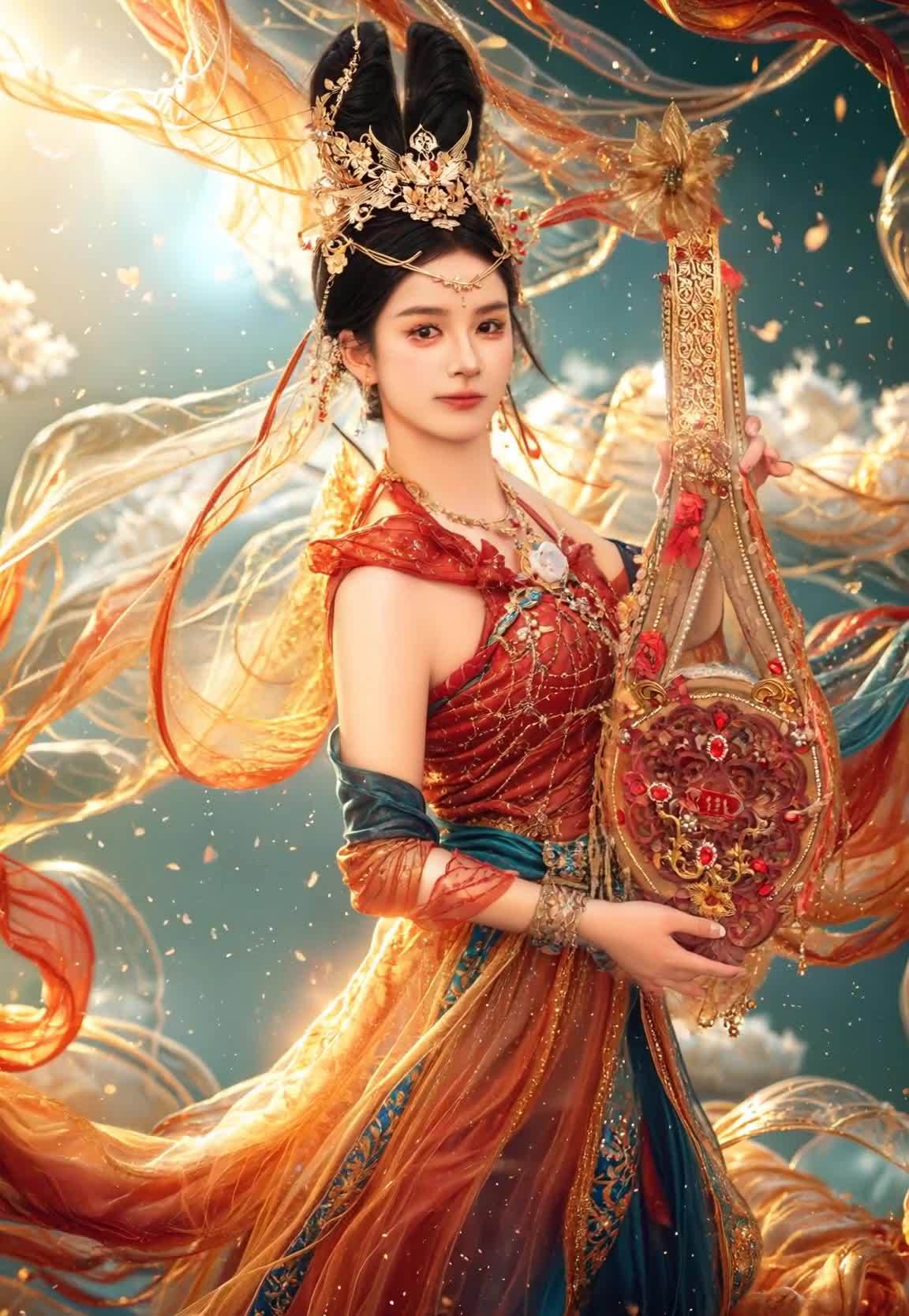 一位身穿红色和金色服装的女子，头戴金色头饰，手持一