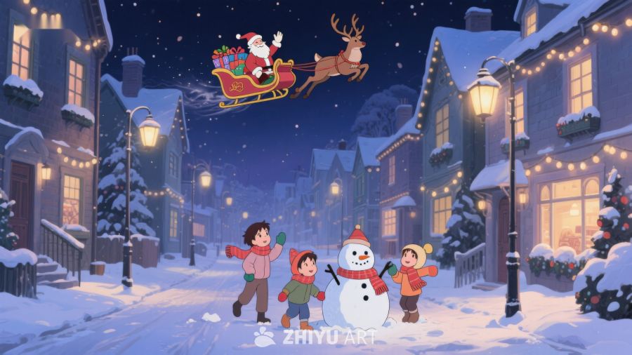 圣诞夜雪景：孩子们与雪人共度欢乐时光 229