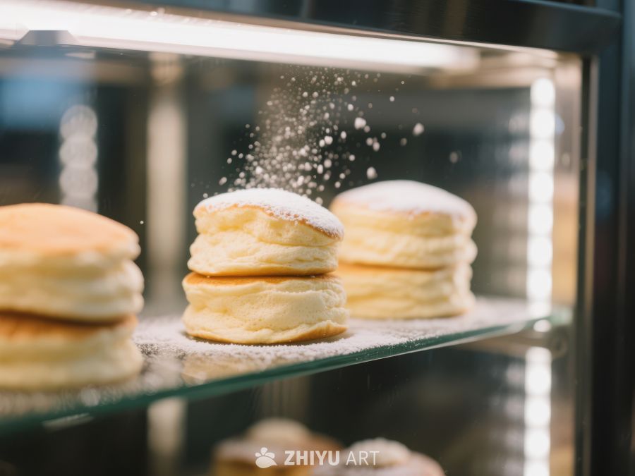 玻璃柜中的松饼撒上糖粉