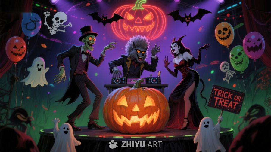 万圣节派对场景：幽灵、南瓜灯与装扮人物
