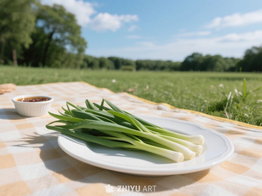 户外野餐桌上摆放的新鲜葱段 184