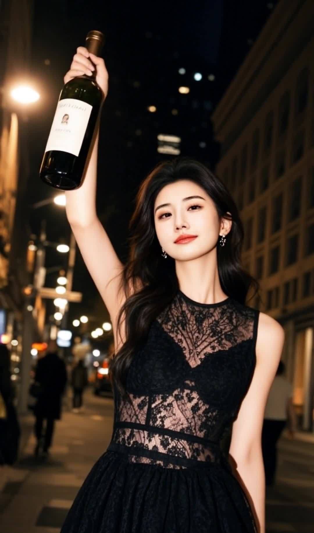 一名女子站在灯光昏暗的街道上，举起一瓶葡萄酒。她穿