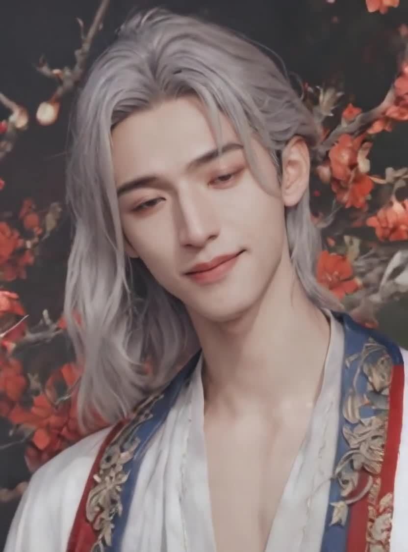 银发古典装束男子微笑，红花背景下的唯美画像。