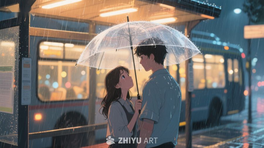 雨中公交站的温馨邂逅 619