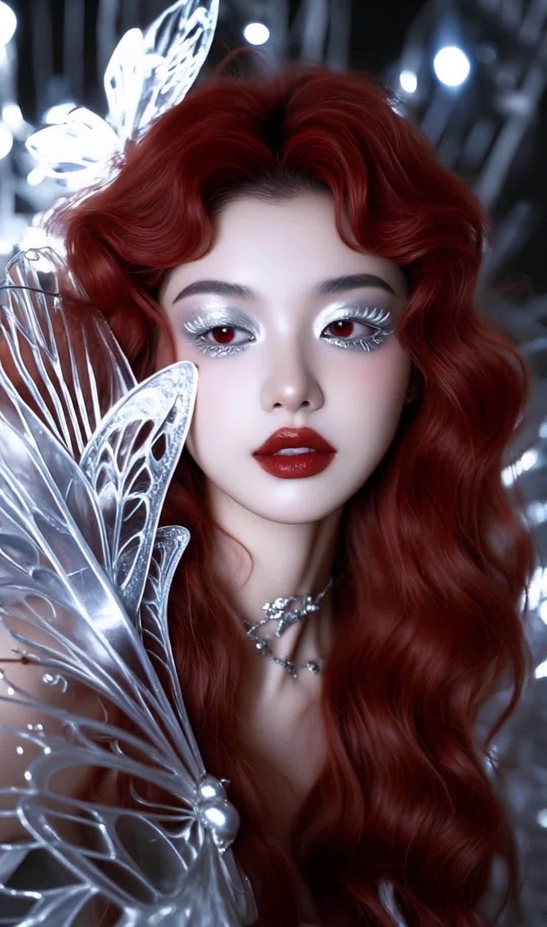 红发红眼银妆仙女，蝴蝶翅膀闪耀光点。