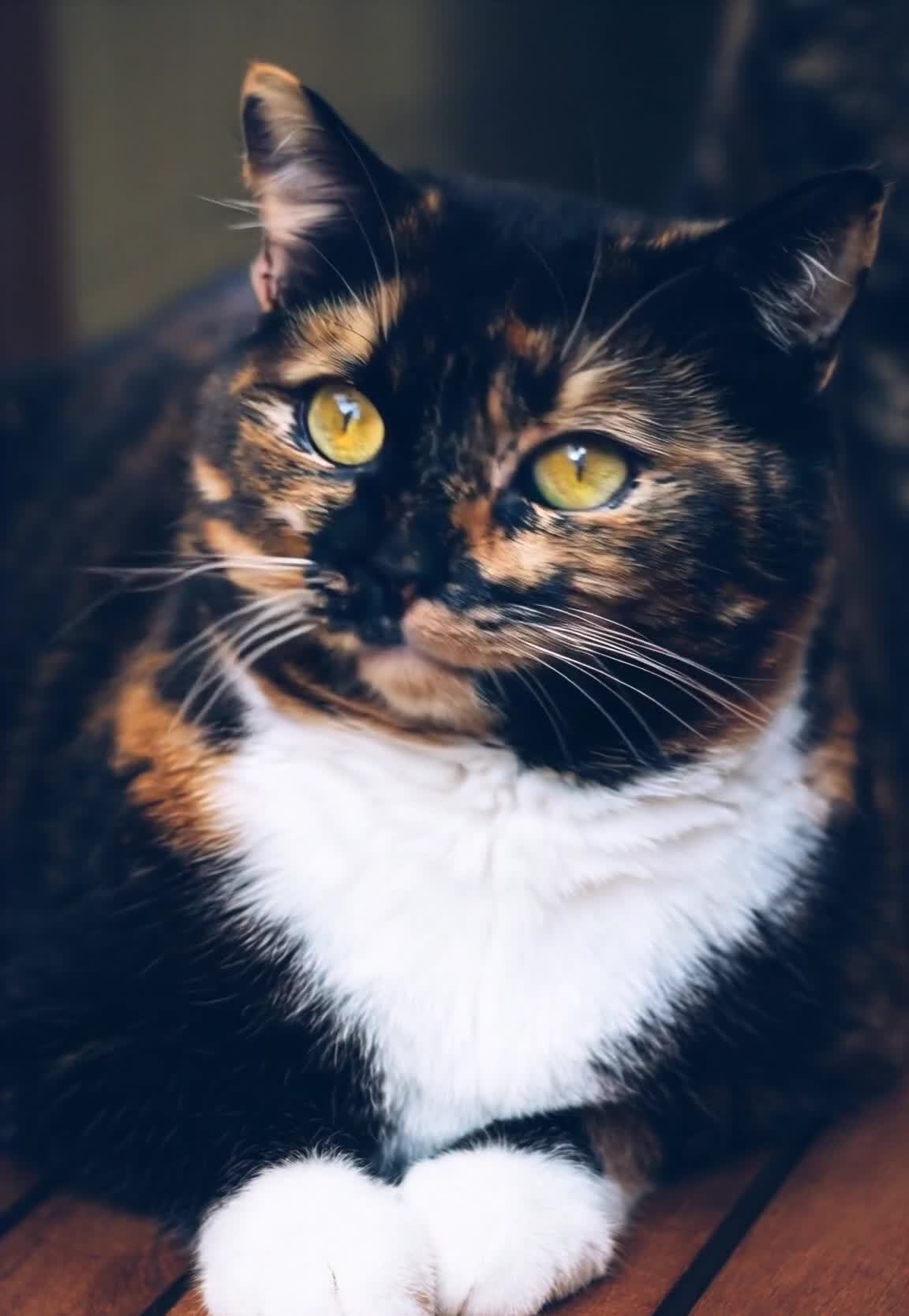 玳瑁色猫咪的金色眼睛和白色胸毛