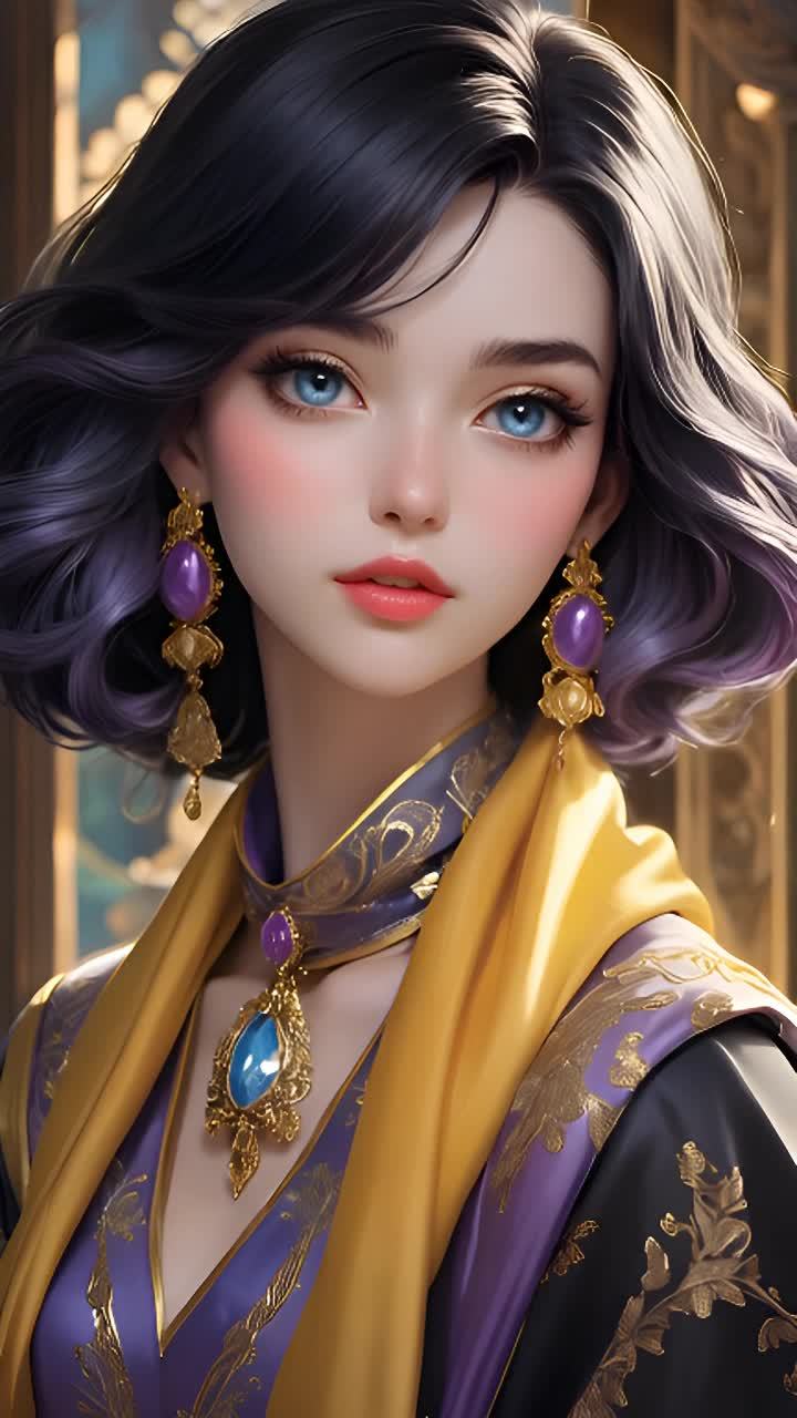 一个有着黑色和紫色头发的女性，她的眼睛是蓝色的，她