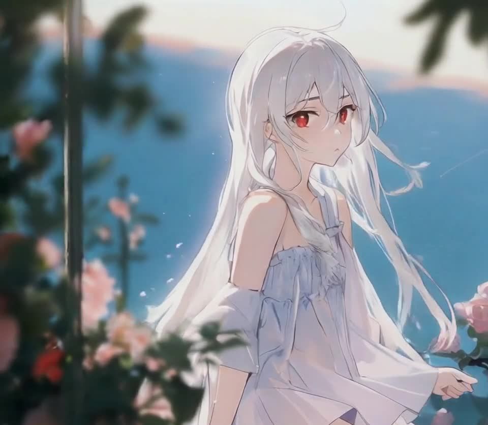 白发红眼少女浅蓝裙花海背景