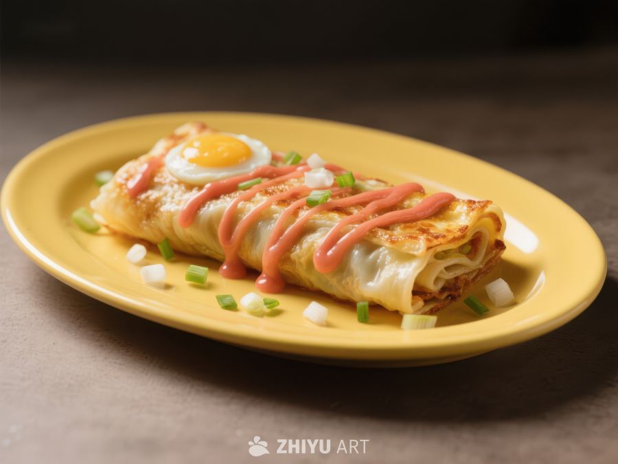 煎饼卷蛋，配以酱料和葱花 377