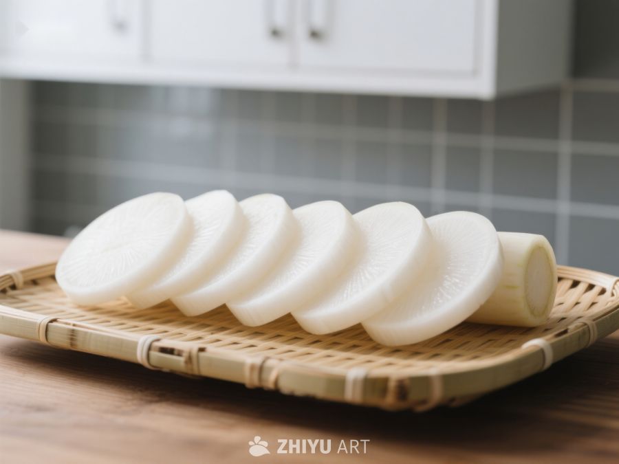 切片白萝卜置于竹制托盘 292