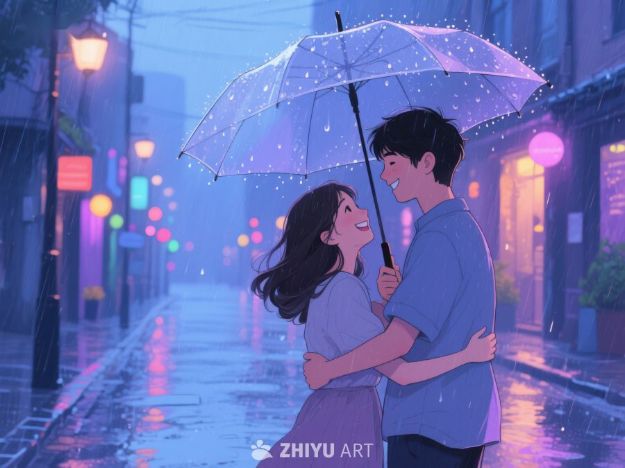 雨夜伞下情侣温馨相拥 1134