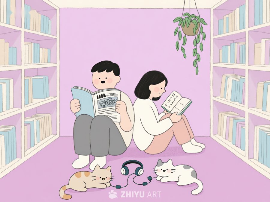 图书馆中阅读的两人与猫咪 693