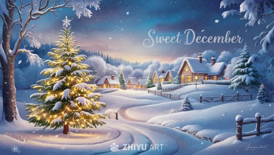 画面中展现了一个冬季雪景。一棵挂满彩灯的圣诞树位于