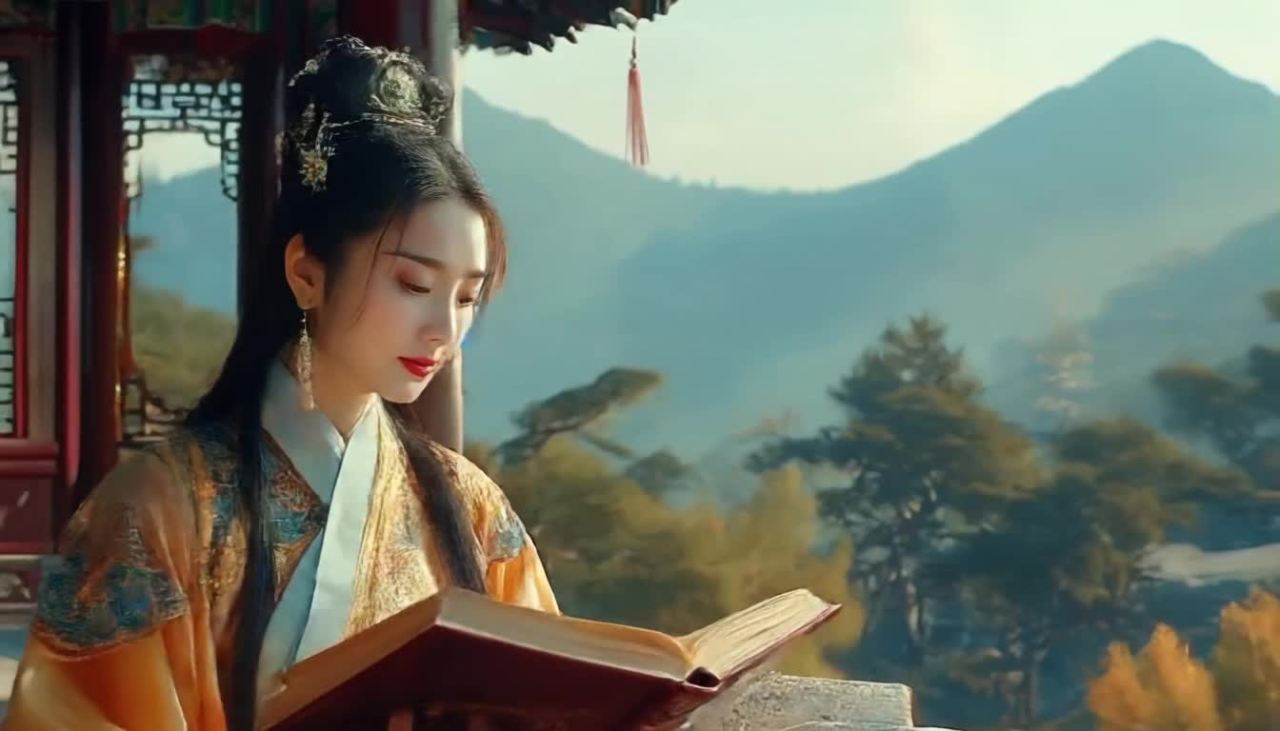 一位身着宋代华美汉服的美丽女子坐在精致亭台旁的一座