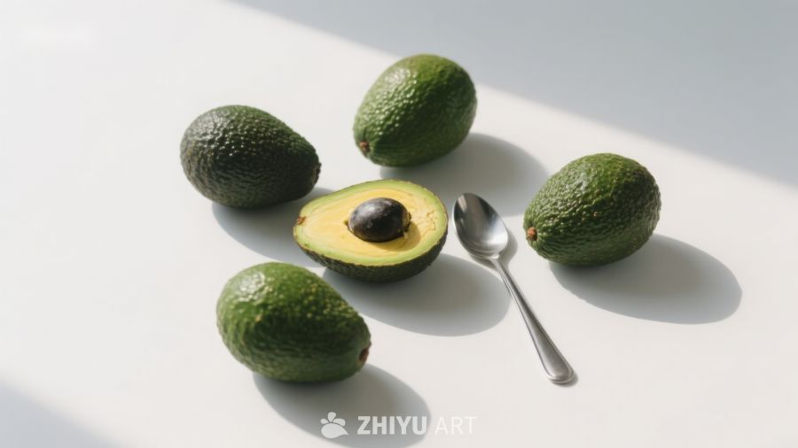 新鲜牛油果与银勺的静物组合 892