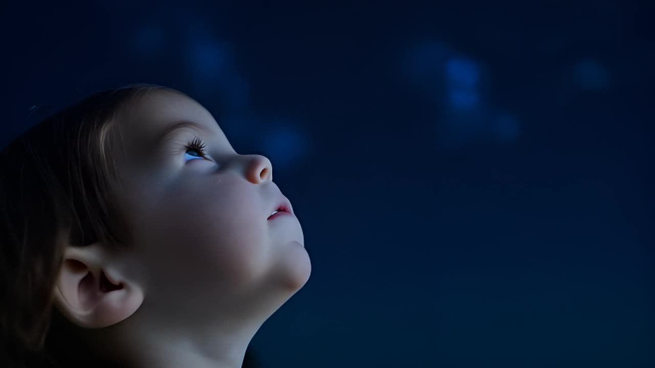 一个孩子仰望夜空，眼睛睁得大大的。摄像机跟随他们的