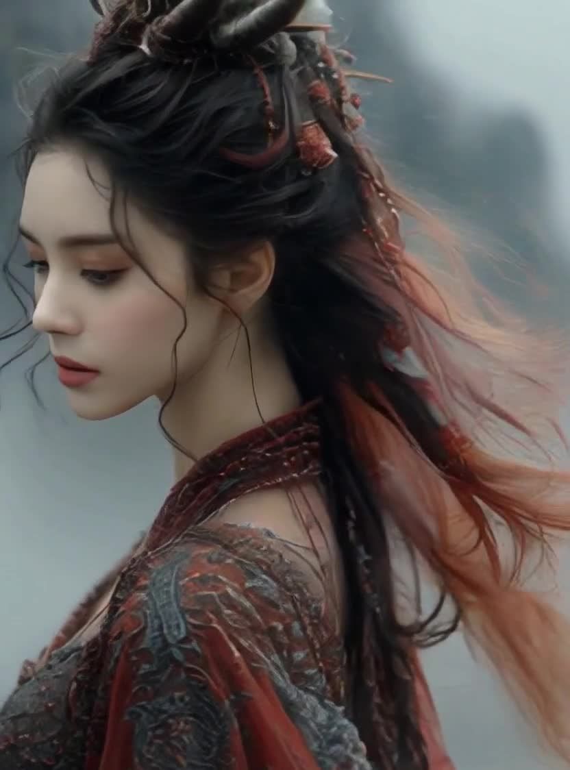 红衣黑发女子侧脸，妆容精致发饰独特。