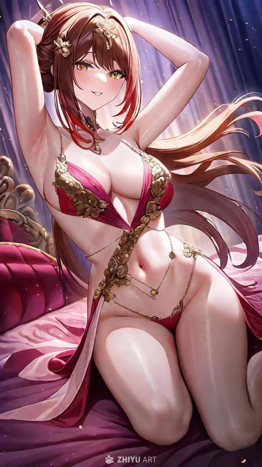 一位身穿泳衣的女子优雅地摆姿势，她躺在毛绒天鹅绒粉