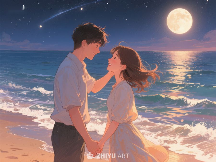 月下海边情侣温馨互动 1102