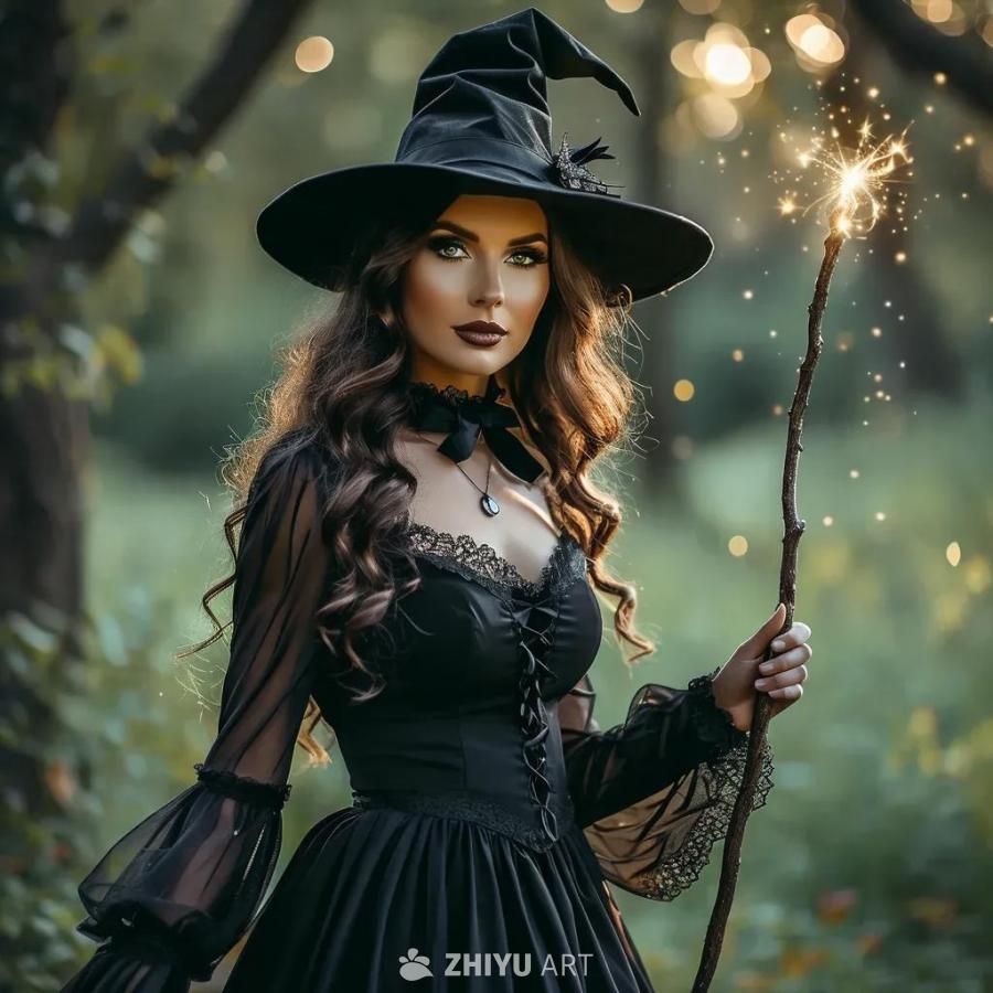 一名女性侧身站立，她戴着一顶黑色的帽子，穿着一件黑