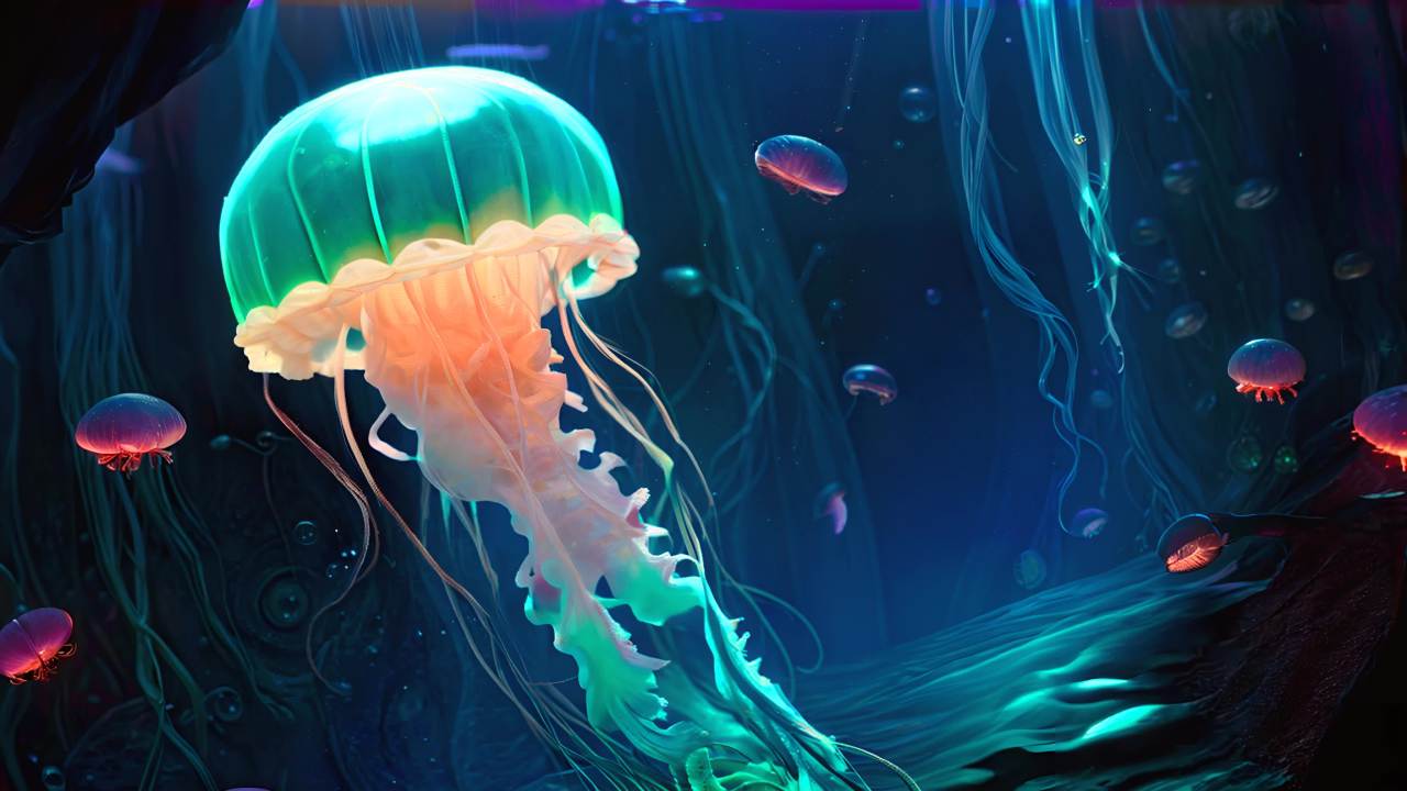 一个水生生物在生物发光水母附近游动，水母呈现出柔和