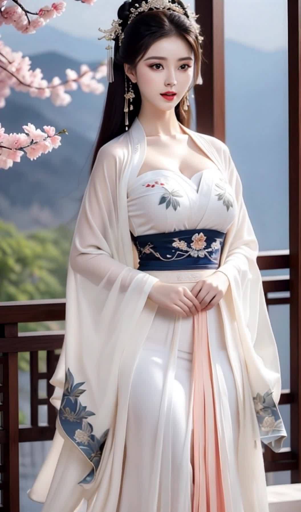 一位年轻女子面对镜头。她穿着一件白色的汉服，汉服上