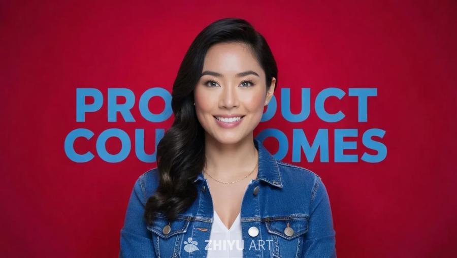一个微笑的亚裔女性，穿着牛仔外套，戴着项链，站在红