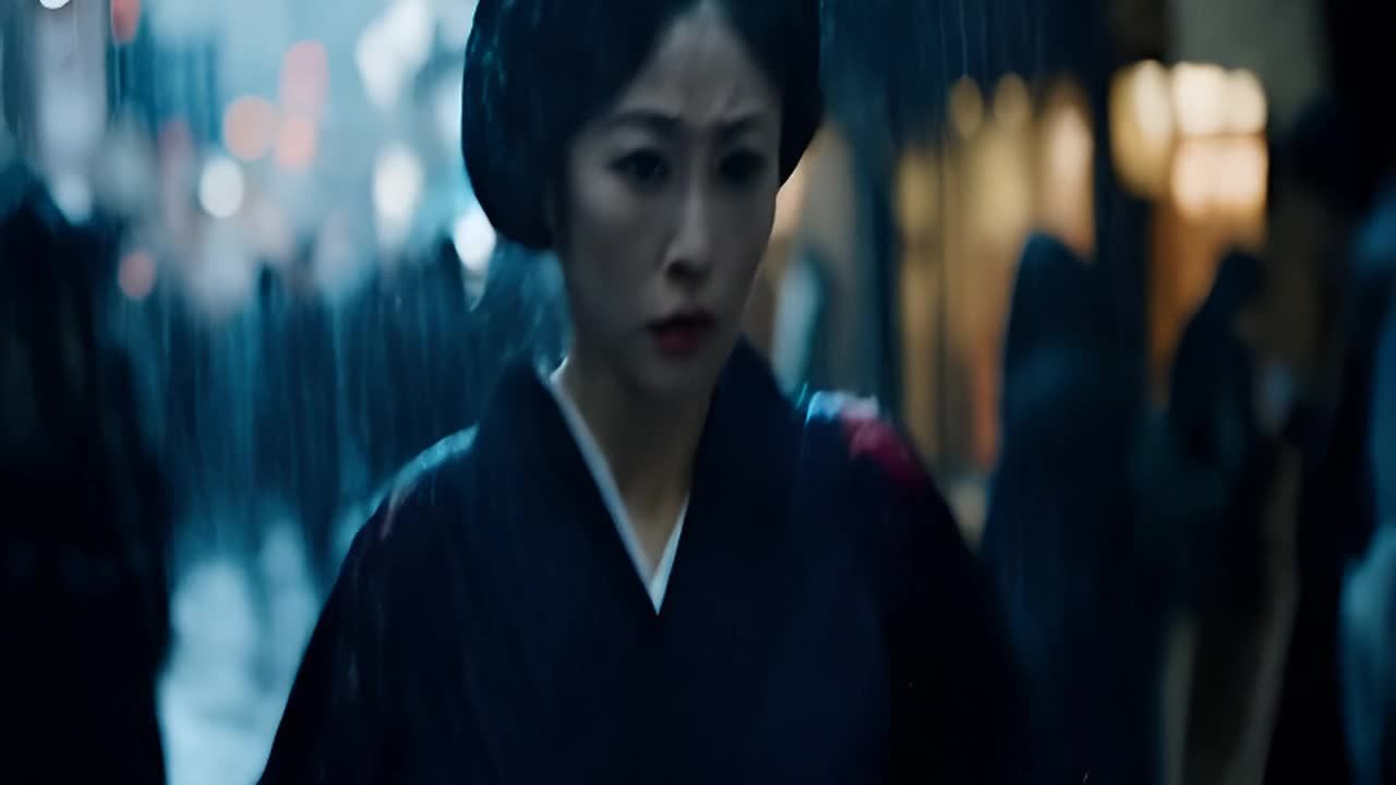 一位身着深色和服的日本女士，头发盘起，脸上带有红色
