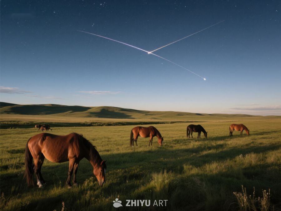 草原夜景：马群与星空 2