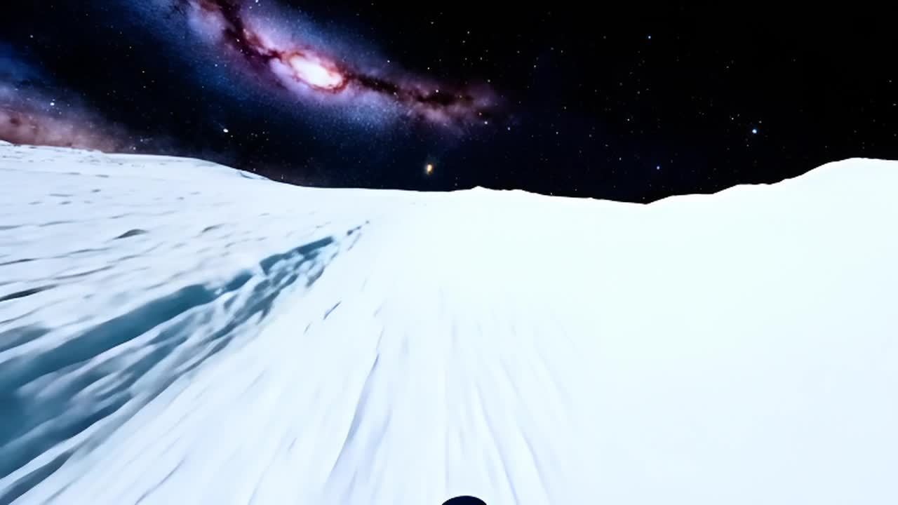 月球表面的雪地景观与星空宇宙形成鲜明对比。滑雪者在