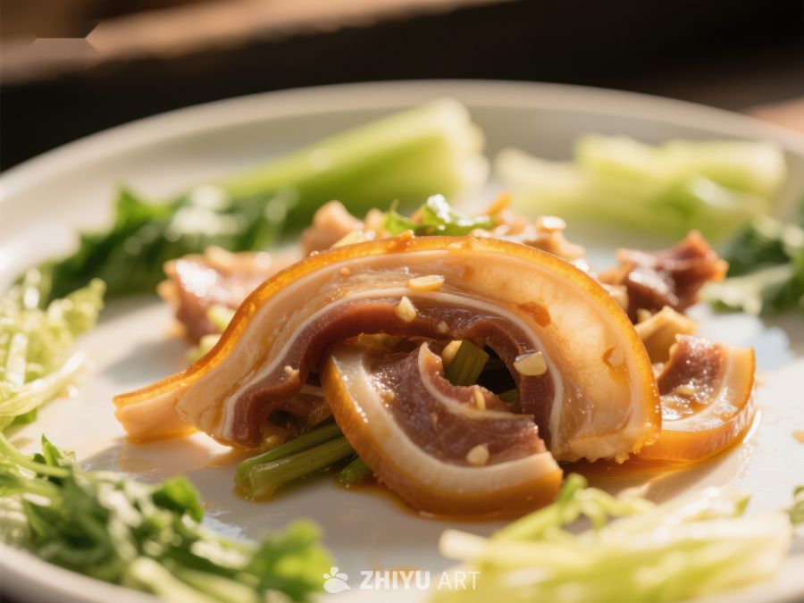 精致猪肚配蔬菜的美食特写 572