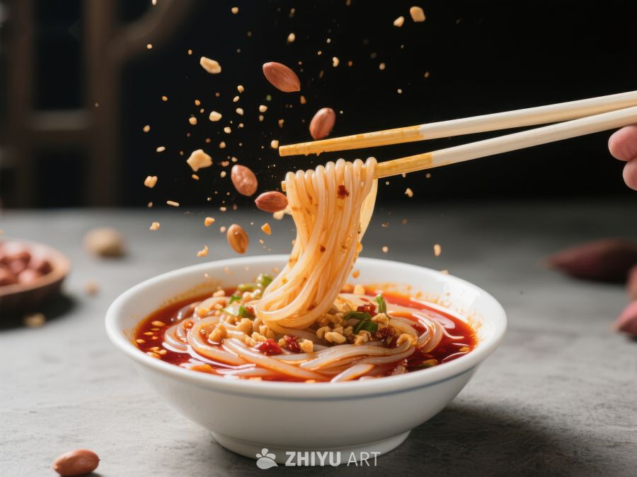 筷子夹起热辣面条，花生碎四溅 603