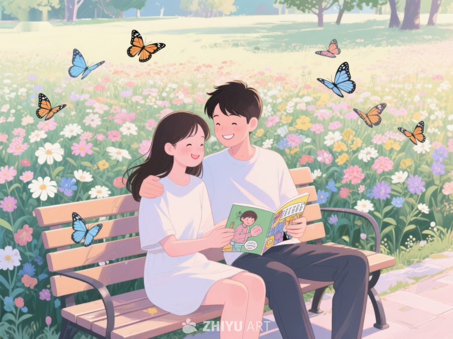 公园长椅上阅读的温馨情侣 203