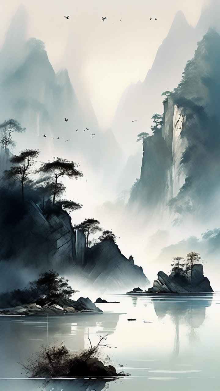 雾气缭绕水墨山水画简约风格 93